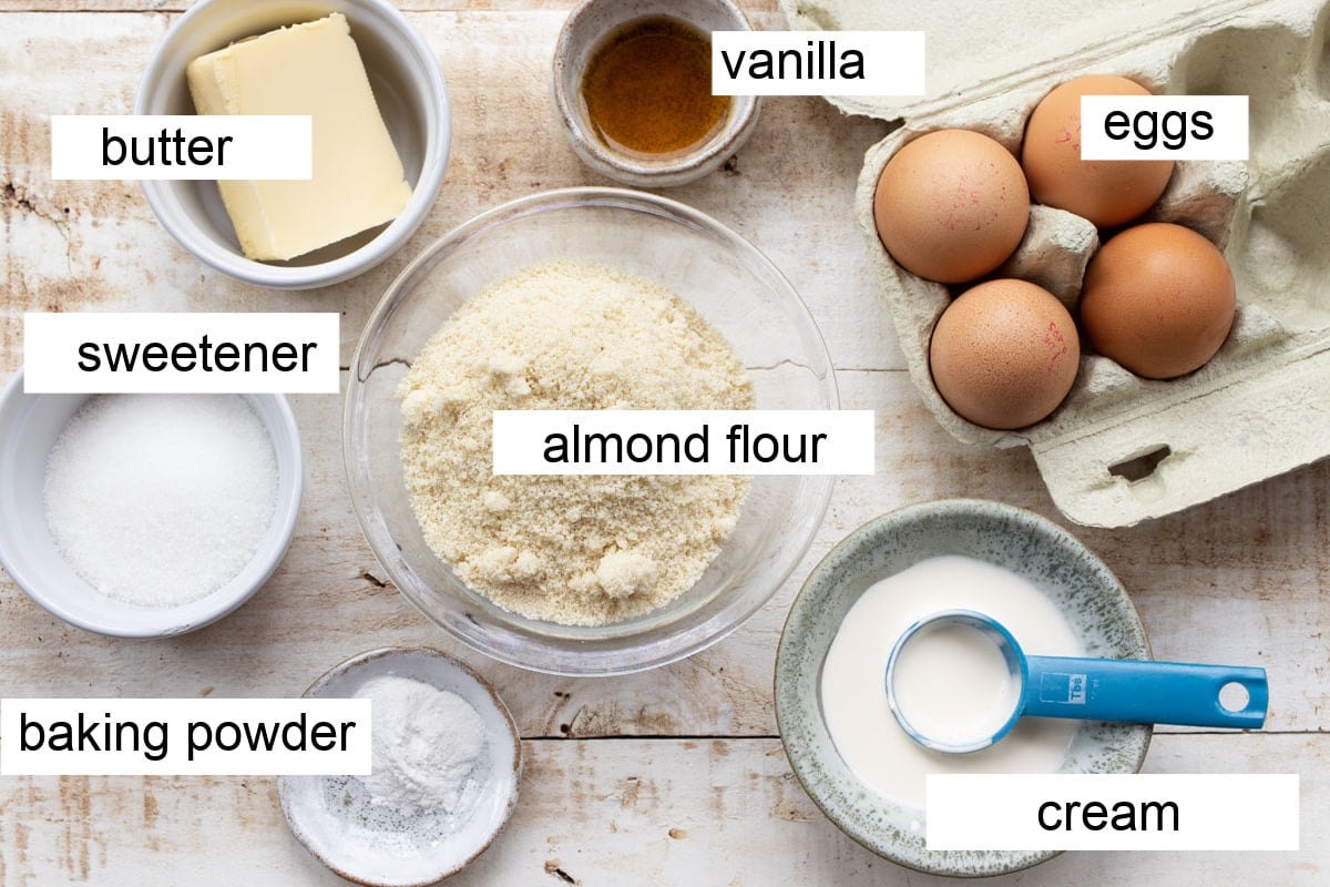 Ingredients to make donuts, measured into bowls and labelled.