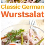 A salad bowl with Wurstsalat and salad servers and a serving of sausage salad in a glass bowl.