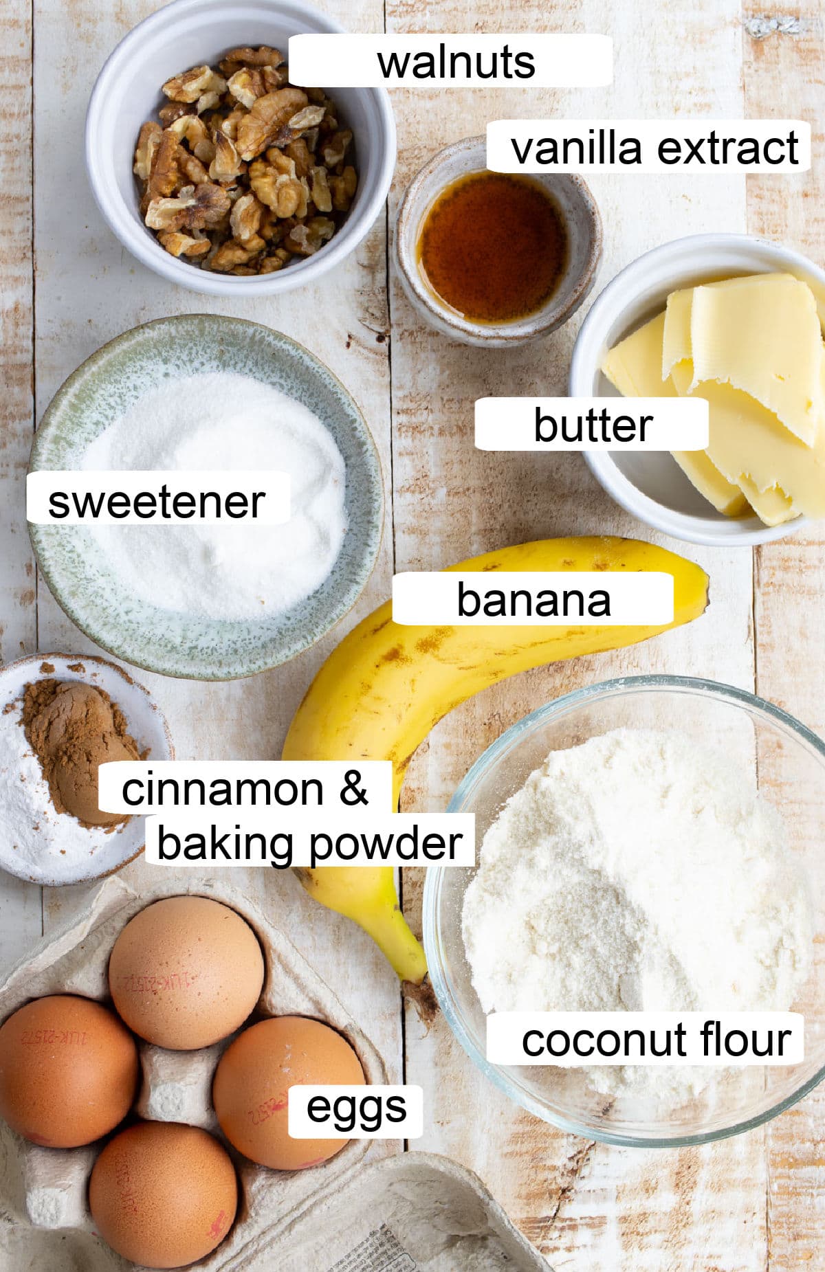 Ingredients to make these muffins are measured into bowls and labelled.
