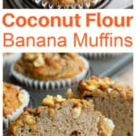 Coconut flour banana muffins sliced in half and a muffin in the baking pan.