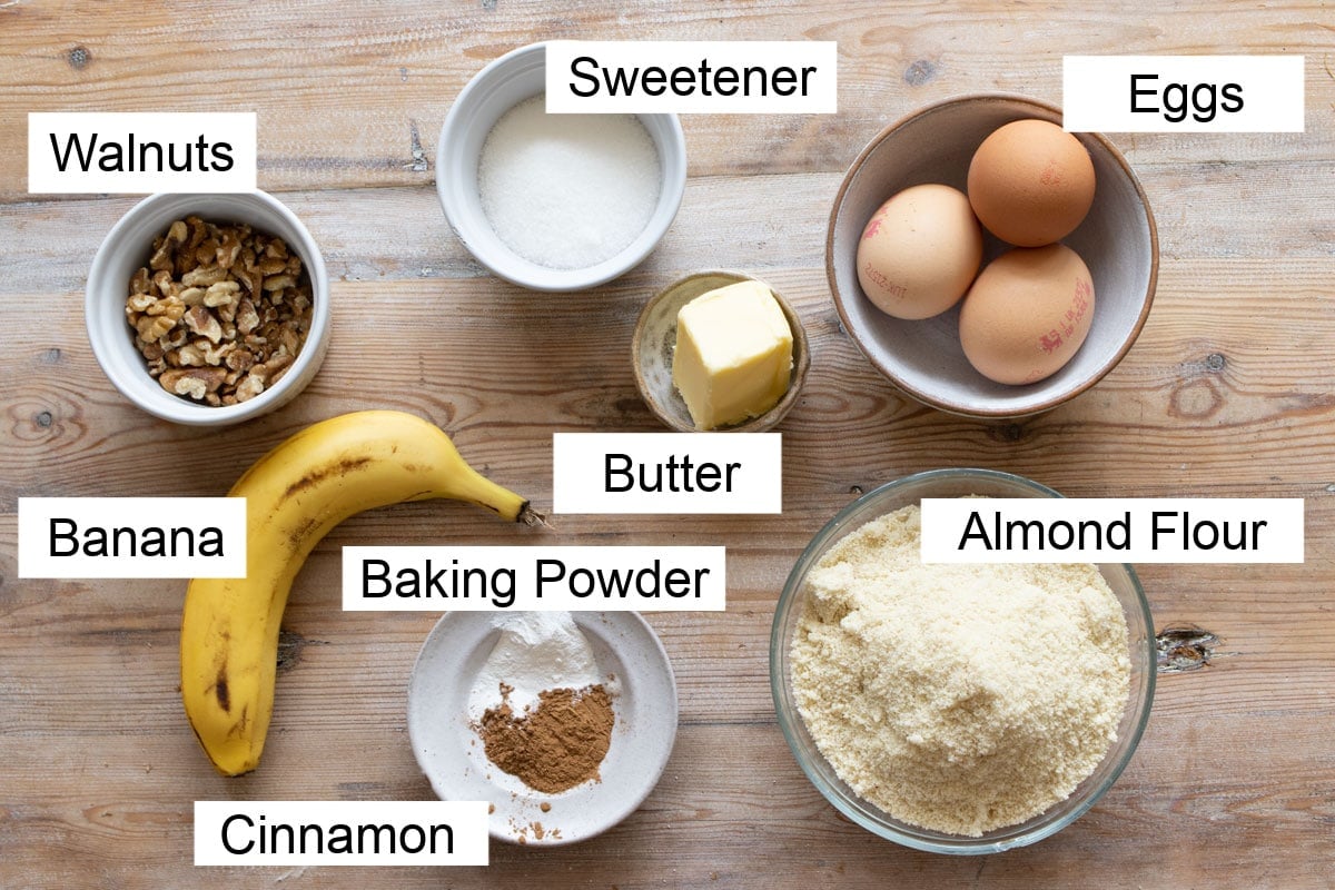 Ingredients for keto banana bread, measured into bowls and labelled.