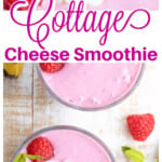 Glasses with cottage cheese smoothie and raspberry decoration.