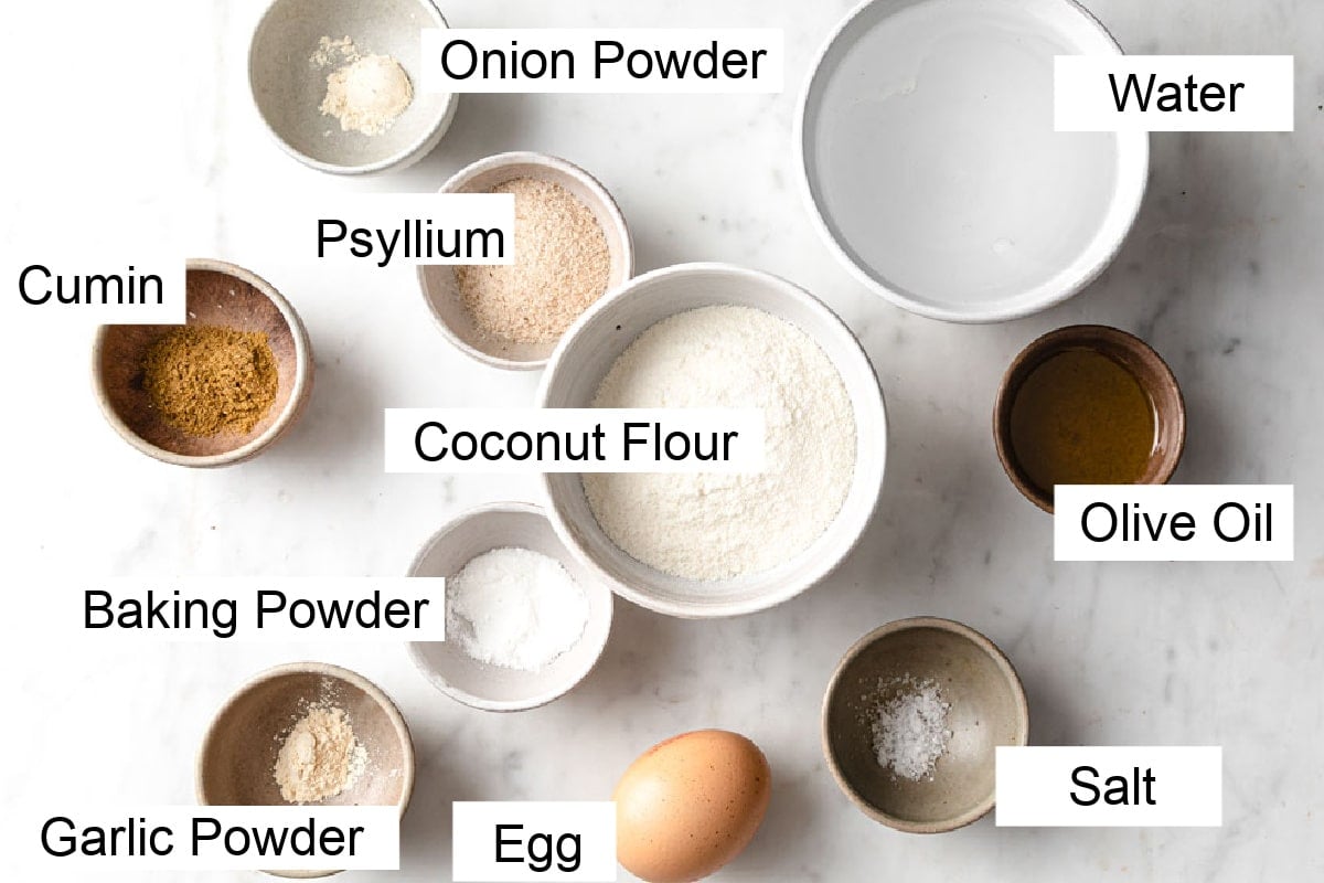 Ingredients for coconut flour tortillas, measured and labelled.