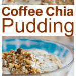 A bowl with coffee chia pudding and chia pudding topped with nuts and coconut.