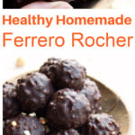 Homemade ferrero rocher in a bowl and one rocher cut in half.