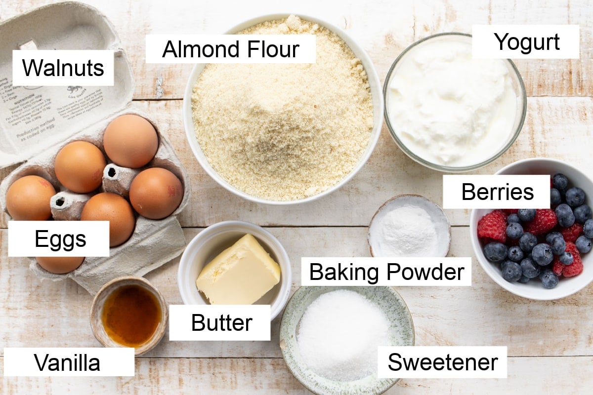 Ingredients for these muffins are measured into bowls and labelled.
