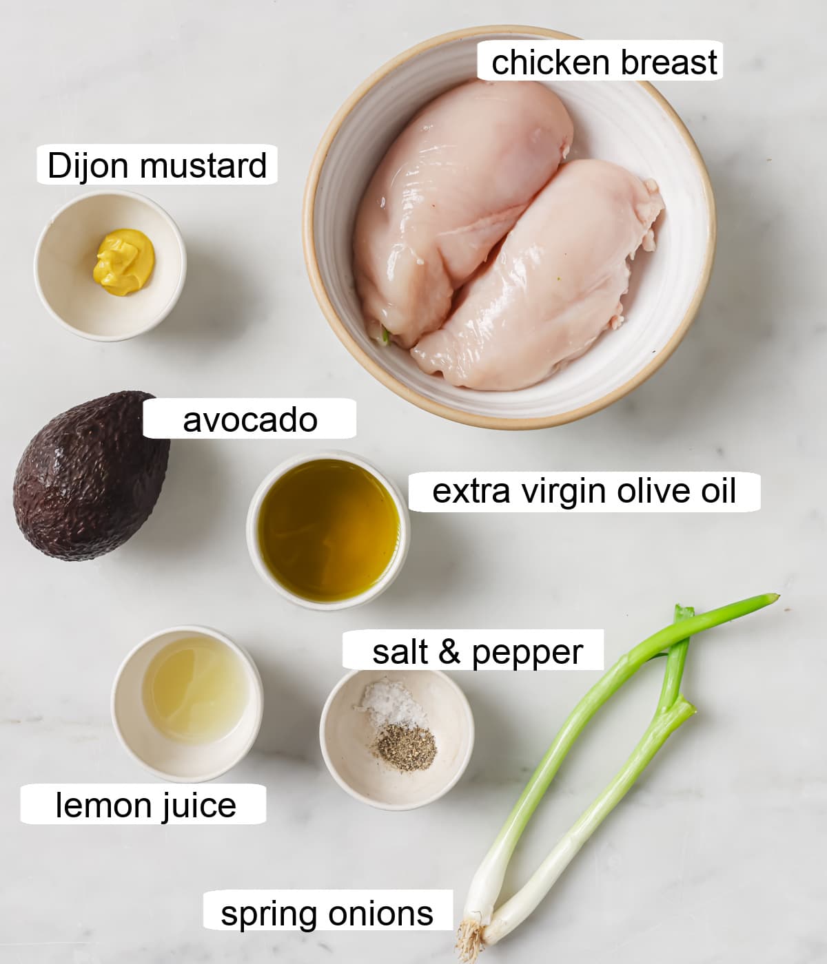 Ingredients to make this recipe, measured into bowls and labelled.