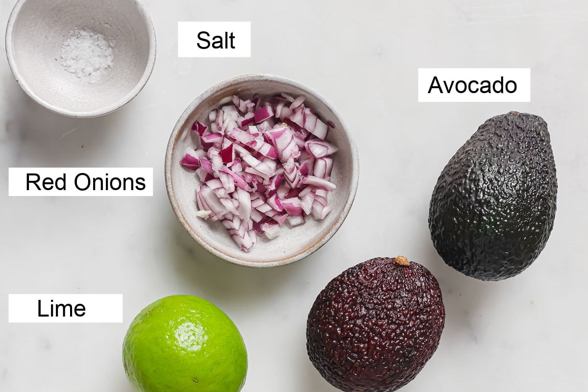 Ingredients to make guacamole, labelled.