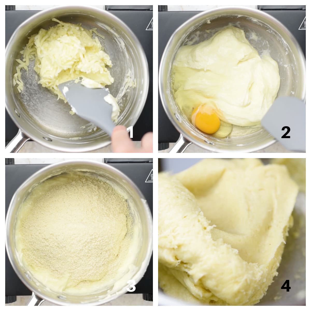 Melting mozzarella in a saucepan, adding egg, adding almond flour and kneading dough.