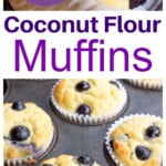 Coconut flour blueberry muffins in a muffin pan and a blueberry muffin in a paper muffin liner.