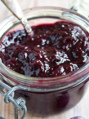 Sugar free blueberry jam in a jar.