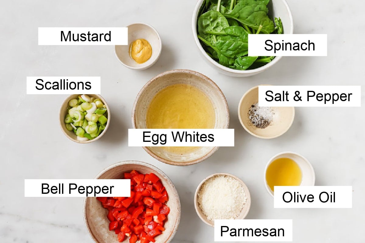 Ingredients to make egg white omelette, measured into bowls and labelled.