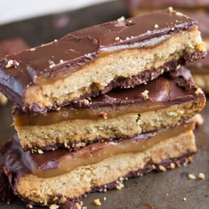 3 keto twix bars stacked on top of each other.