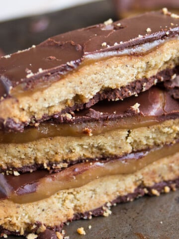 3 keto twix bars stacked on top of each other.
