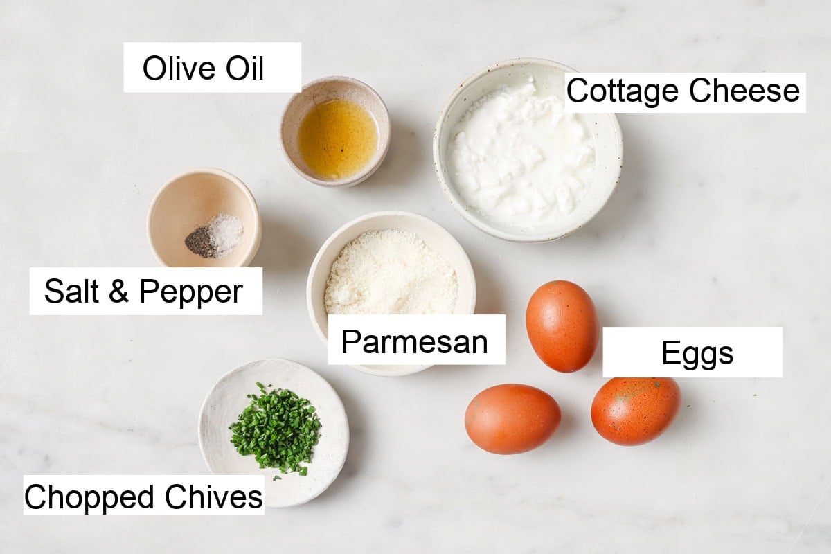 Eggs and all other ingredients for this recipe, measured into bowls and labelled.