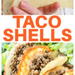 Homemade taco shells filled with ground beef and hand holding a keto taco shell.