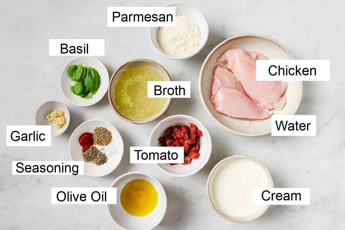 Ingredients to make marry me chicken, measured into bowls and labelled.