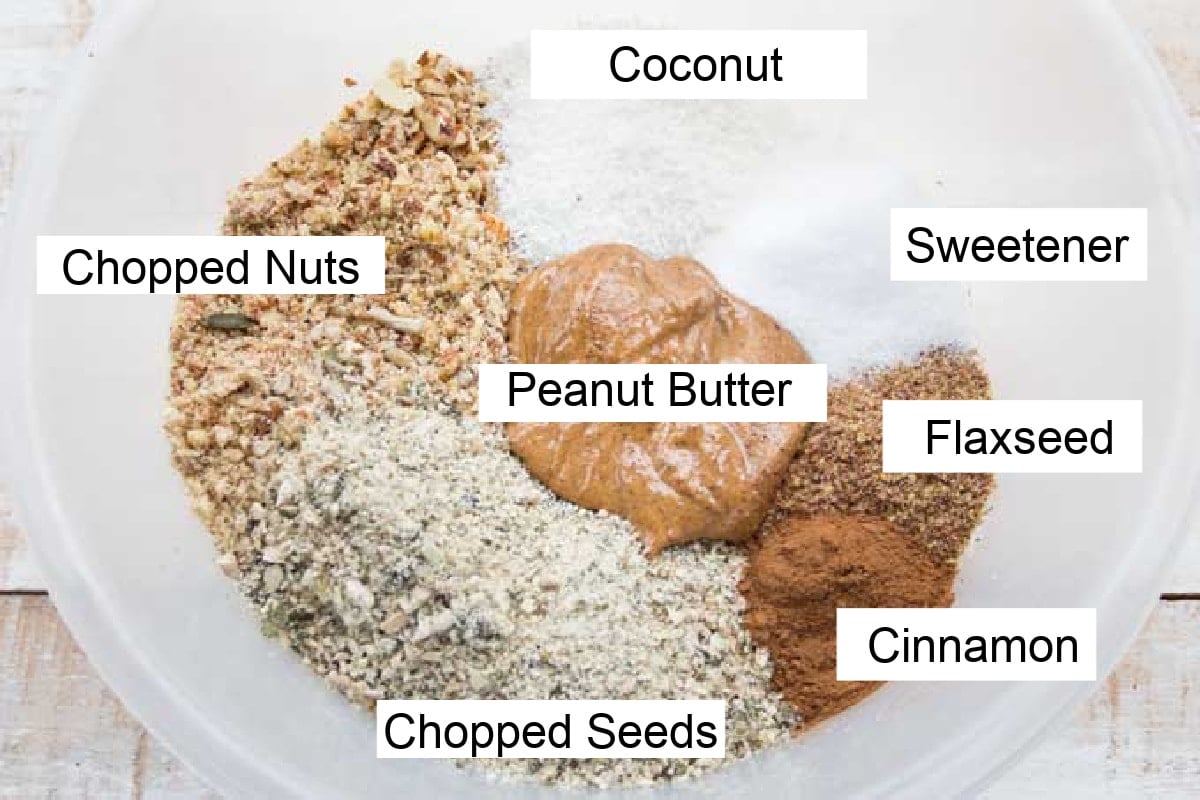 Ingredients for sugar free granola in a bowl and labelled.