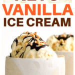 A portion of sugar free vanilla ice cream topped with chocolate sauce and nuts plus ice cream.
