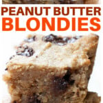 A stack of peanut butter blondies with chocolate chips.