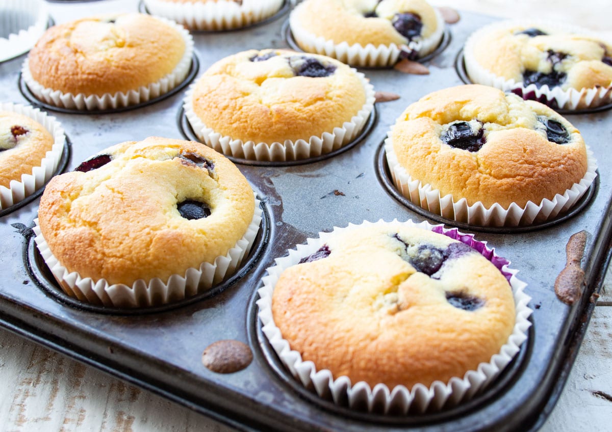 Keto blueberry muffins in a muffin pan. 