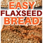 A loaf of flaxseed bread in a bread pan and slices of flax bread.