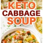 A bowl with keto cabbage soup and a ladle full of soup.