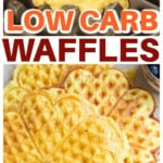 Low carb waffles stack and pouring waffle batter into a waffle maker.
