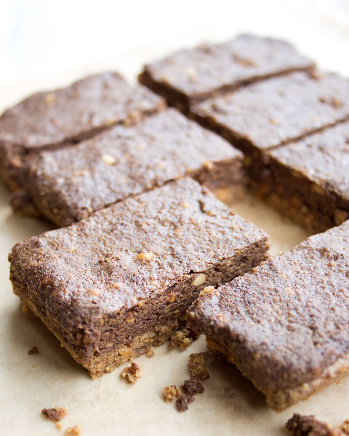 Homemade protein bars on parchment paper.