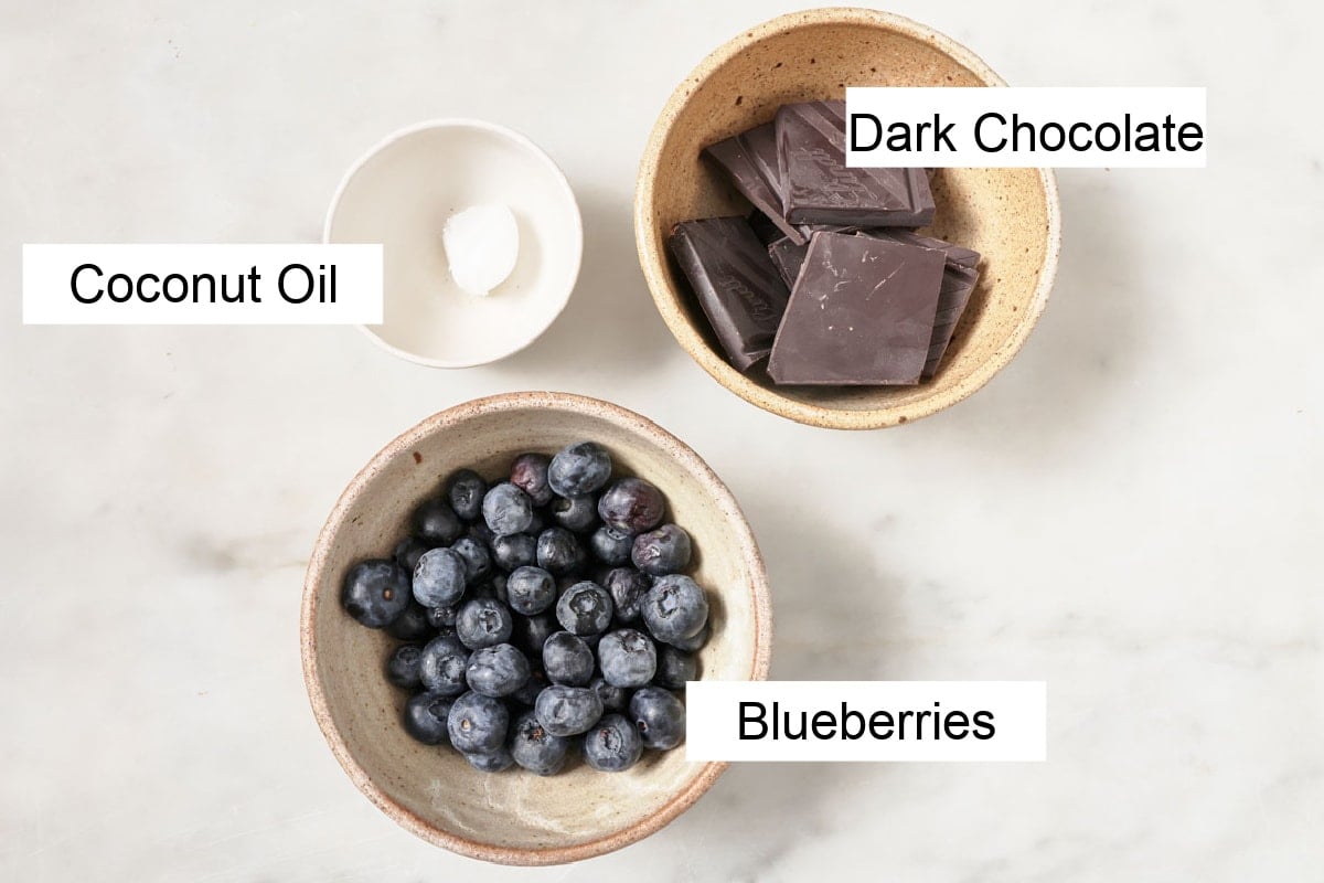 Chocolate squares, blueberries and coconut oil, measured into bowls and labelled.