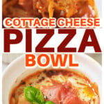 A crustless cottage cheese pizza in a bowl and a forkful of the dish topped with ham.