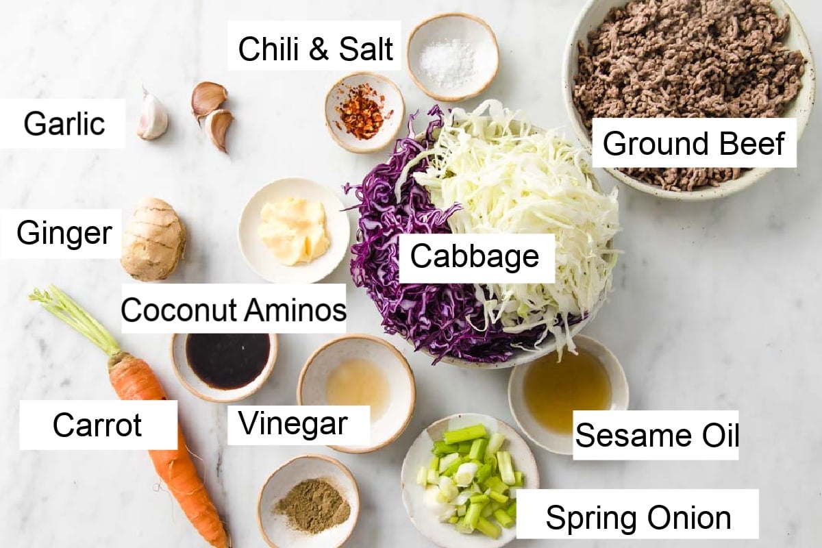 Ingredients for this recipe, measured into bowls and labelled.