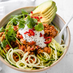 Keto Chili served on a bed of zoodles.