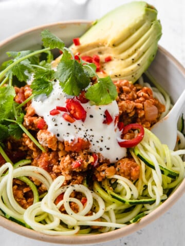 Keto Chili served on a bed of zoodles.