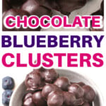 A bowl with chocolate covered blueberries and a blueberry chocolate cluster where a blueberry has been bitten into.