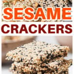 A stack of sesame crackers and crackers dipped in baba ghanoush.