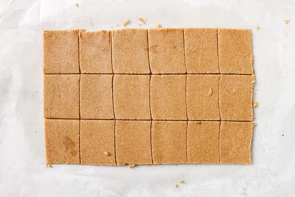 Rolled out ookie dough sliced into rectangles.