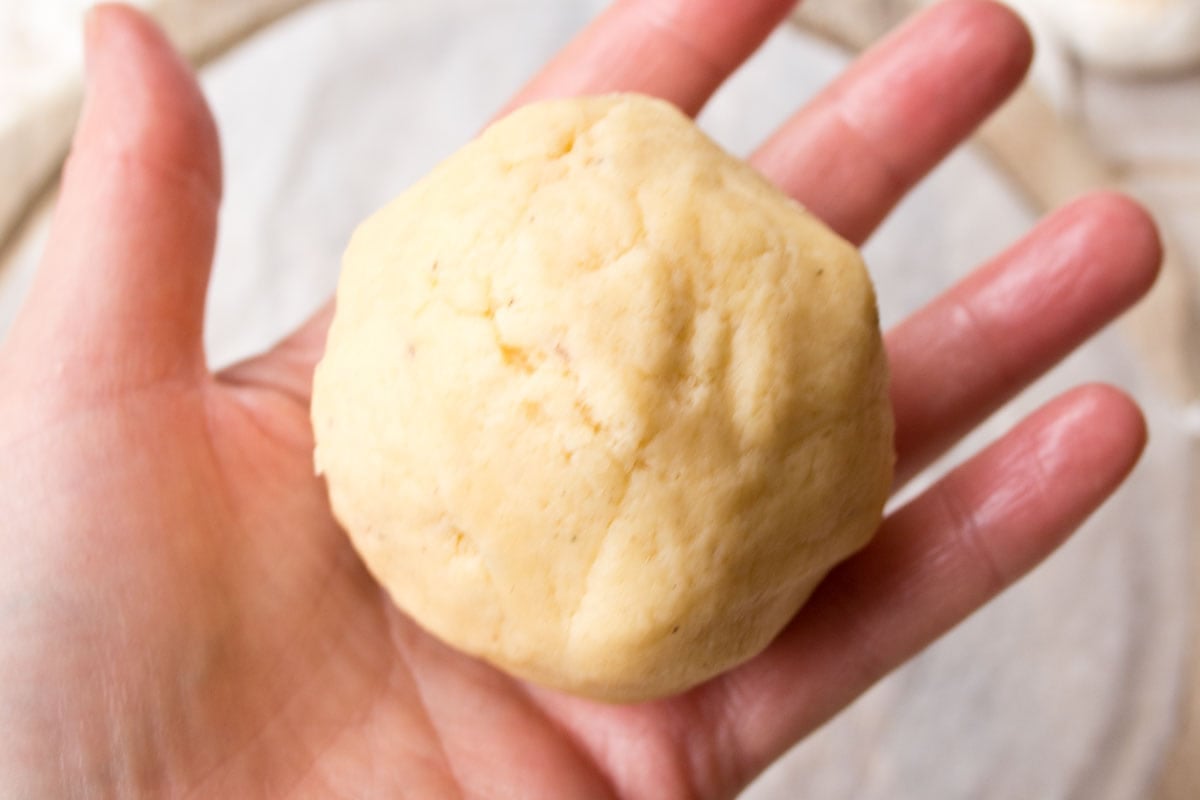 Hand holding a dough ball.
