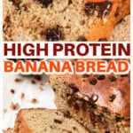 A protein banana bread with chocolate chips, sliced.