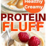 Dessert cups with peanut butter protein fluff decorated with raspberries.
