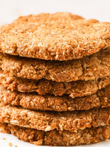 A stack of sugar free anzac biscuits.