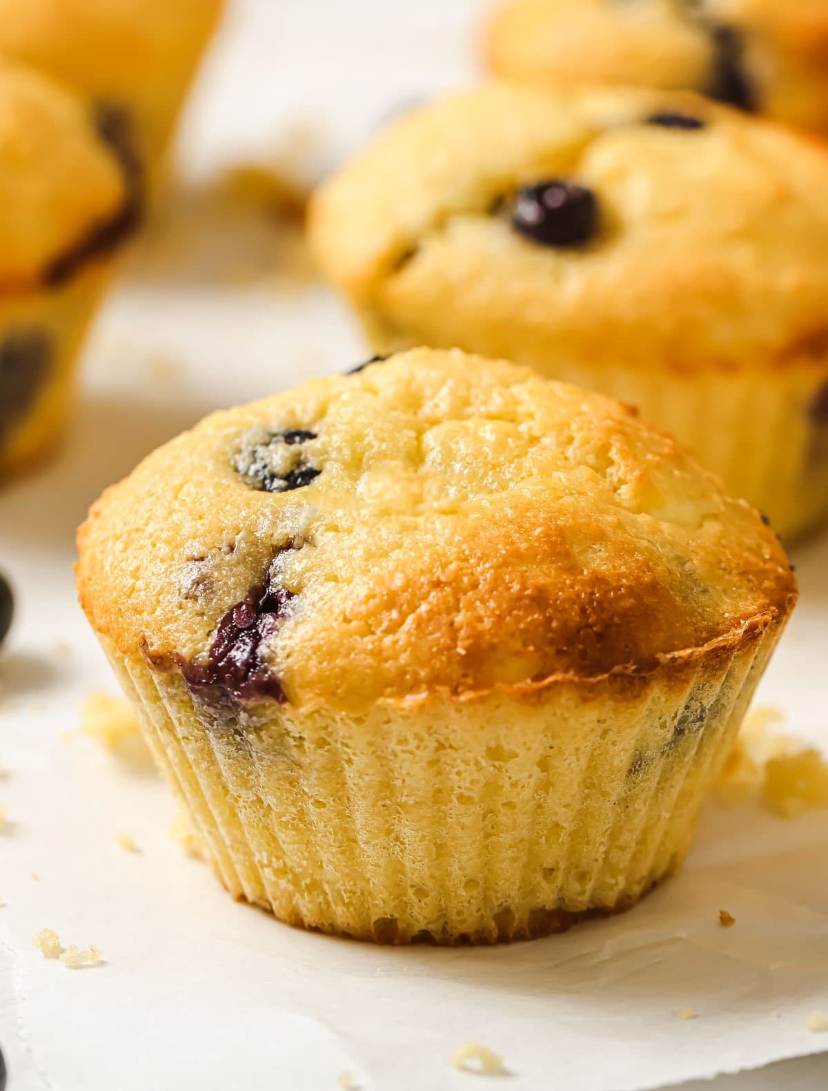 A protein muffin with blueberries and more muffins in the background.