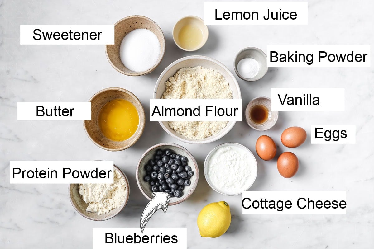 Ingredients to make protein muffins, measured into bowls and labelled.