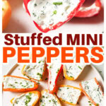 Cream cheese stuffed mini peppers on a plate and a hand holding a mini pepper.