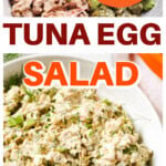 A bowl with tuna egg salad and the ingredients before mixing.