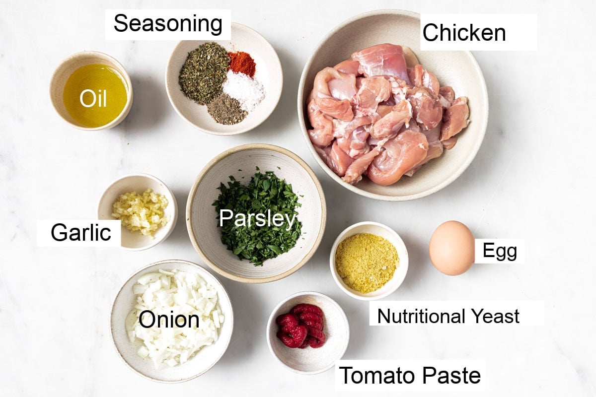 Ingredients to make air fryer chicken meatballs, measured and labelled.