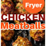 Chicken meatballs in the air fryer and fork with a meatball.