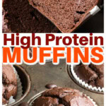 Chocolate protein muffins in a muffin pan and one muffin cut open showing the fluffy crumb.