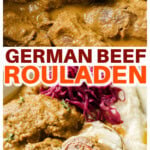 Rouladen served with mash and red cabbage on a plate and rouladen in a pot with gravy and a spoon.