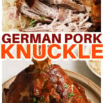 A pork knuckle with crispy crackling and fork-tender meat on a plate with sauerkraut